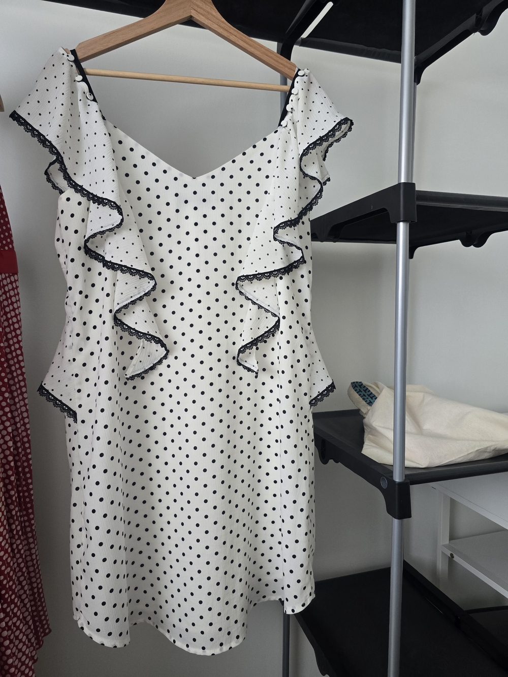 Adelyn Rae Polka Dot Cold Shoulder Ruffle Dress Size L